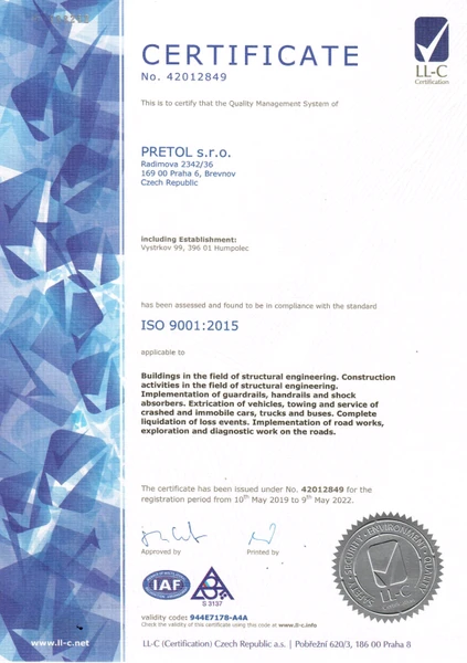 ISO 9001:2015 PRETOL s.r.o.