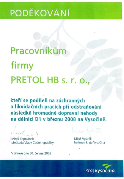 Poděkování za likvidaci hromadné nehody v roce 2008